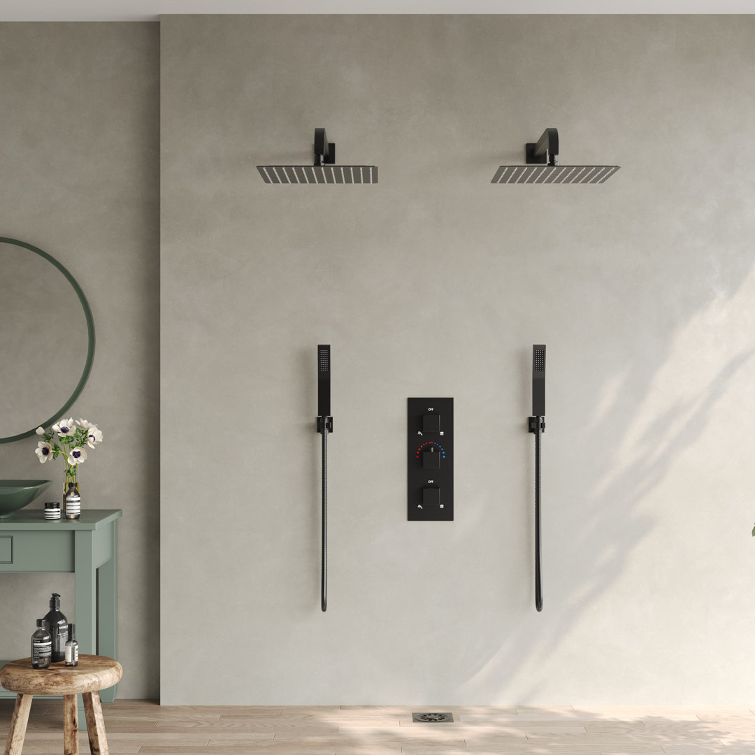 Thermostatic Rainfall Shower System, Wall-Mounted 12" High-Pressure Dual Showerheads with Handheld Spray